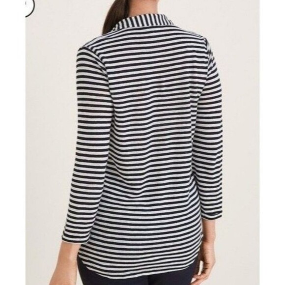 Chico's Striped Linen Pocket Top Navy White Stripe Size 3 Petite - Picture 2 of 10